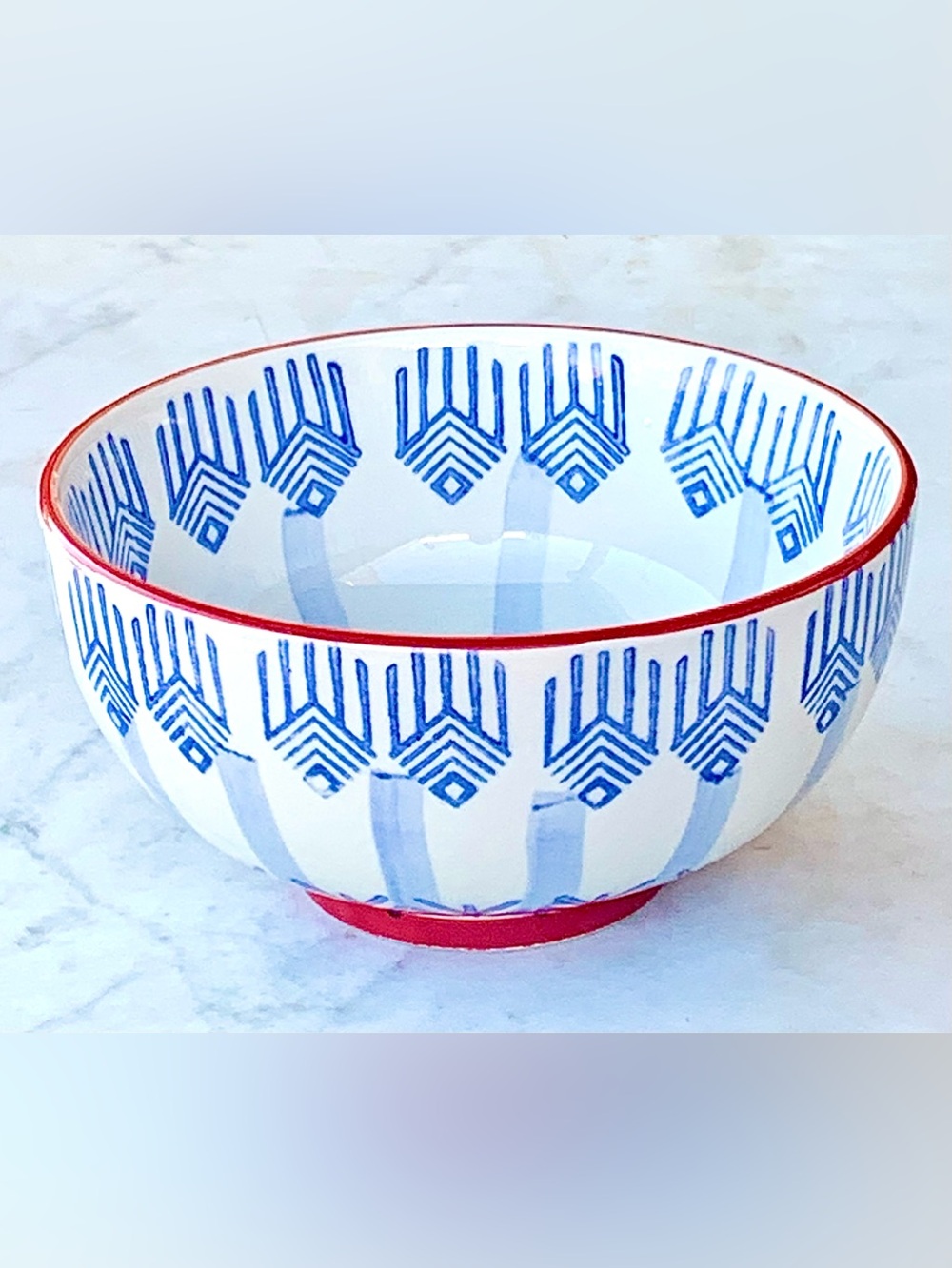 SIGNATURE HOUSEWARES BOWL SOUP CEREAL RED NAVY WHITE NEW 6IN BOHEMIAN DESIGN